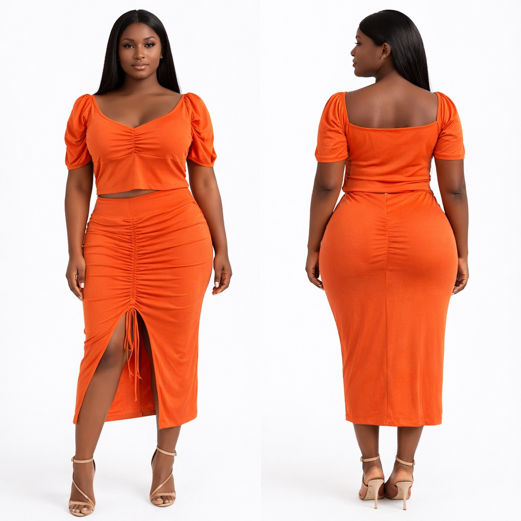 Orange Ruched Two Piece Skirt Set with Puff Sleeve Crop Top