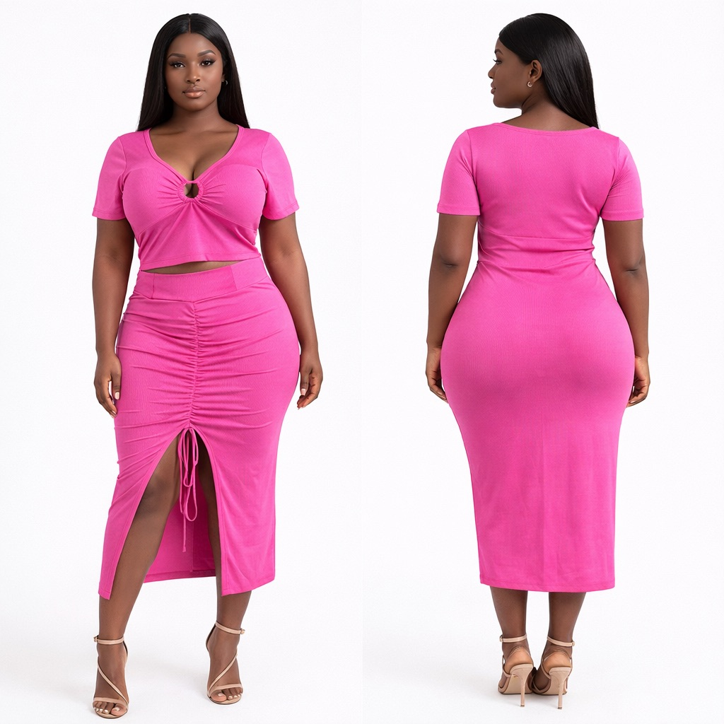 Pink Cut Out Ruched Two Piece Skirt Set  with Short Sleeve Top