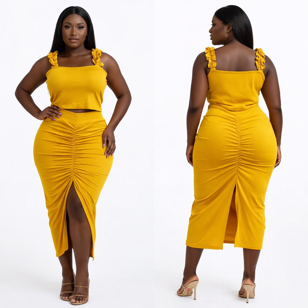 Yellow Ruched Two Piece Skirt Set with Ruffle Strap Top