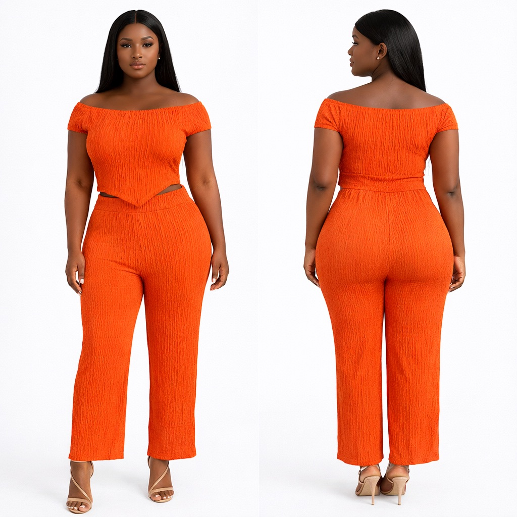 Orange Textured Two Piece Pant Set