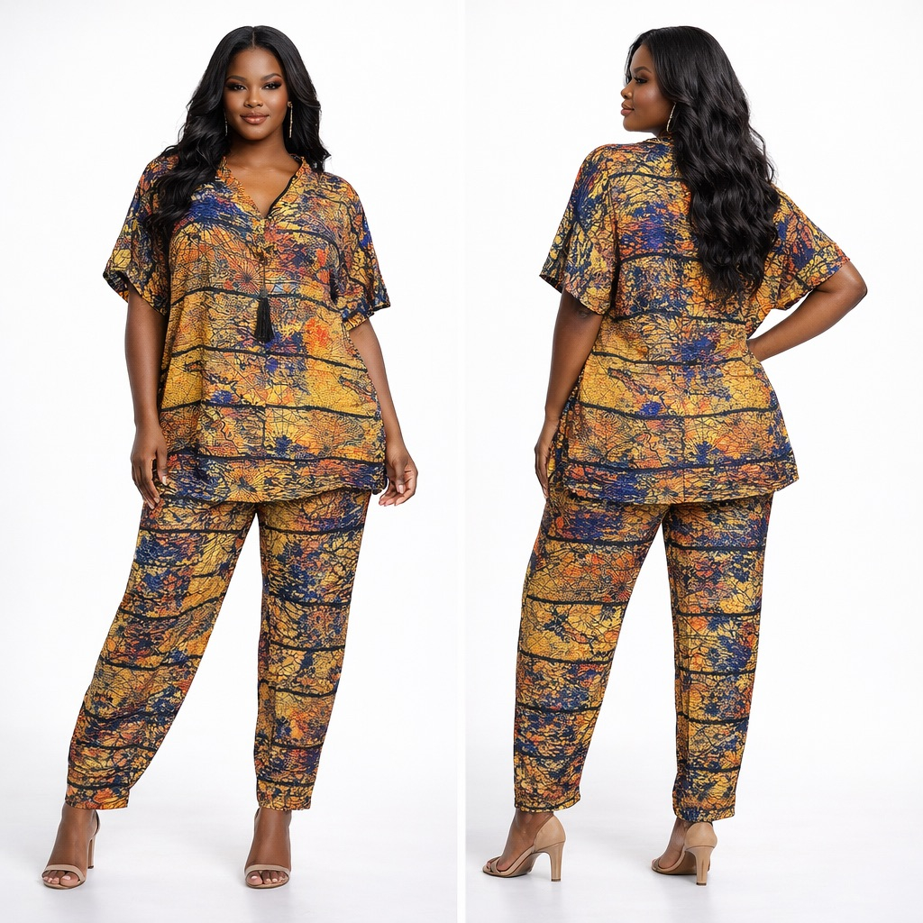 Multicolor Abstract Print Two Piece Pant Set  with Tassel Detail Top