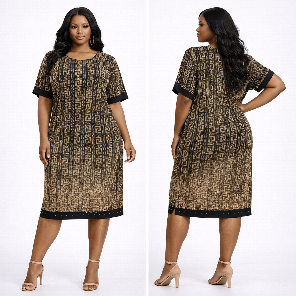Brown and Black Patterned Kaftan Dress with Short Sleeves