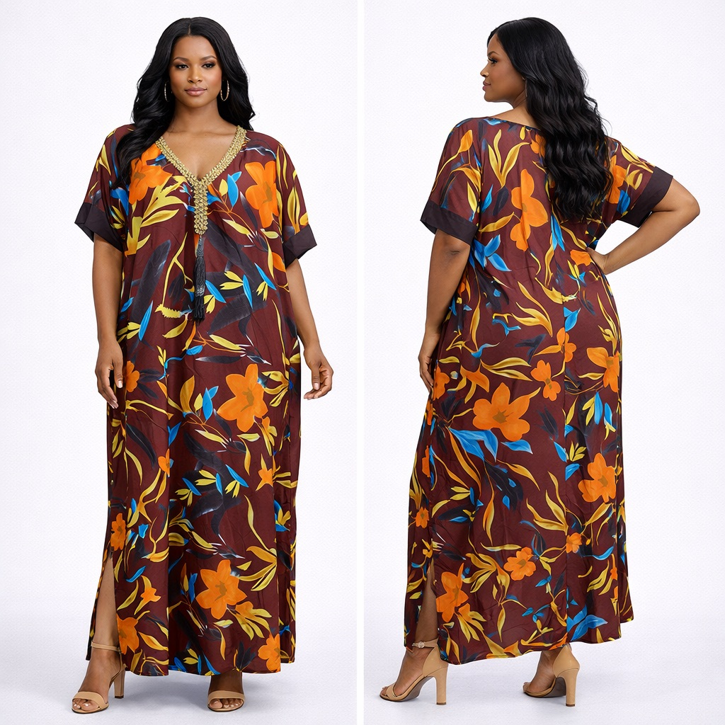 Burgundy Floral Maxi Kaftan  Dress with Embellished Neckline