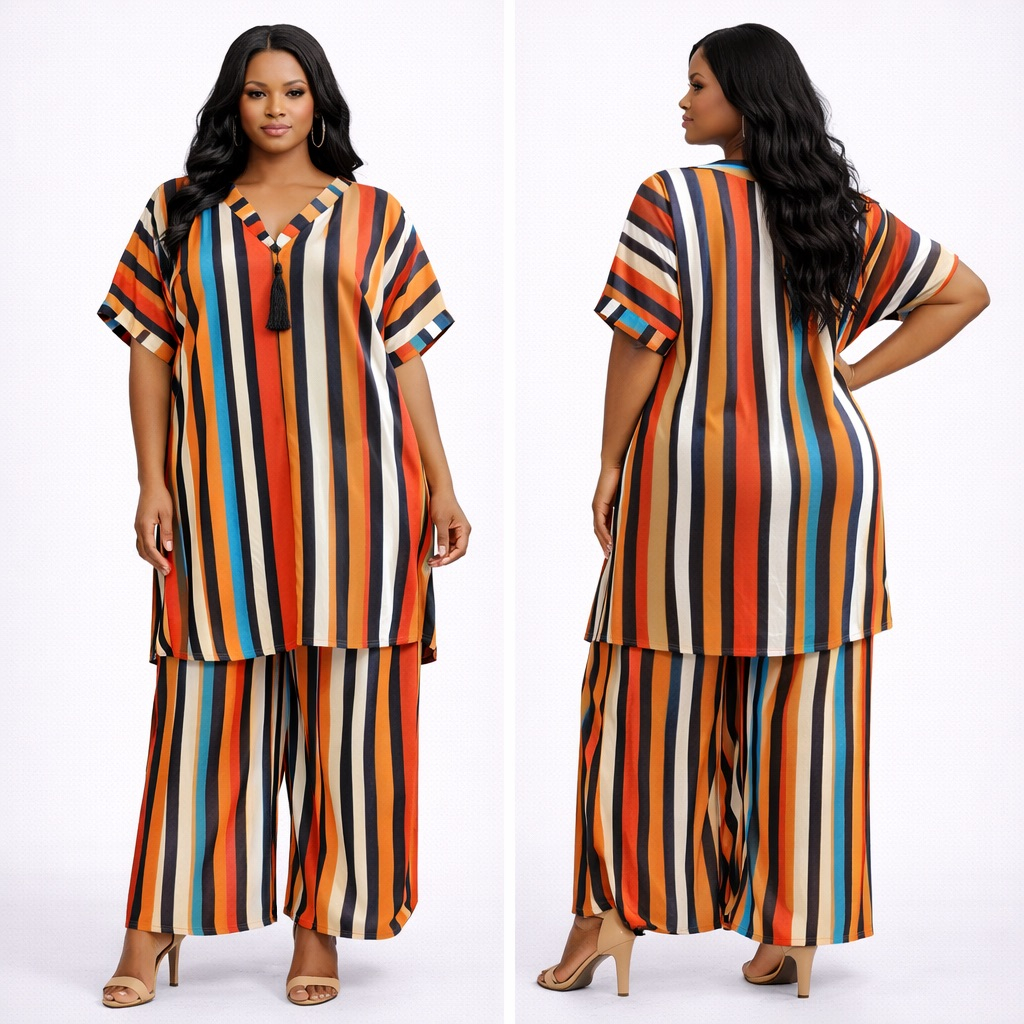 Multicolor Striped Kaftan Top and Pant Set with Tassel Detail