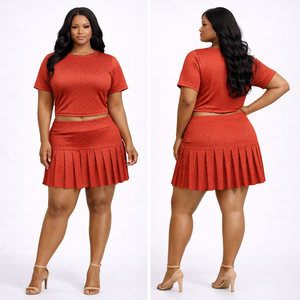 Rust Embellished Crop Top and Pleated Skirt Set