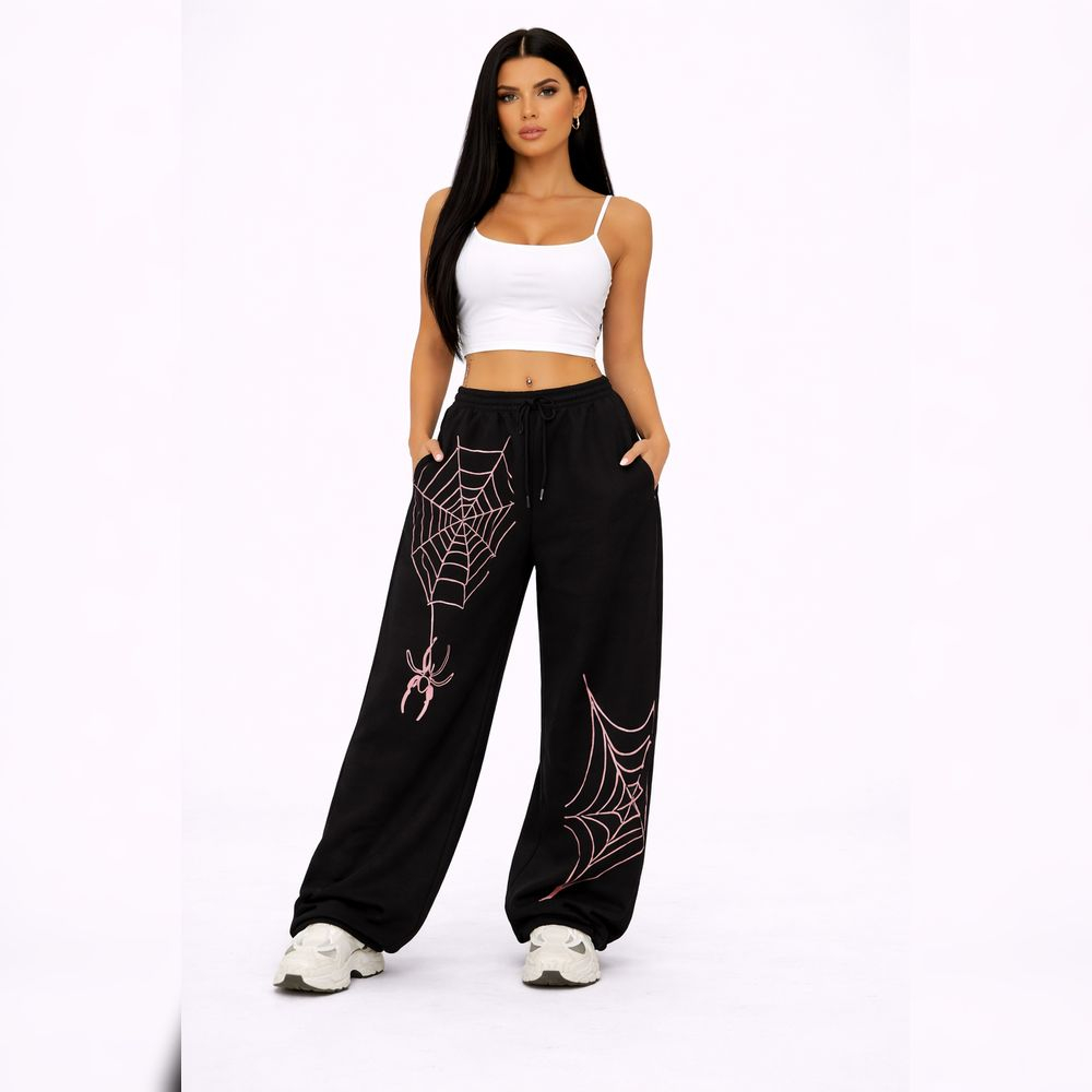 Black Sweatpants with Pink Spiderweb Graphics