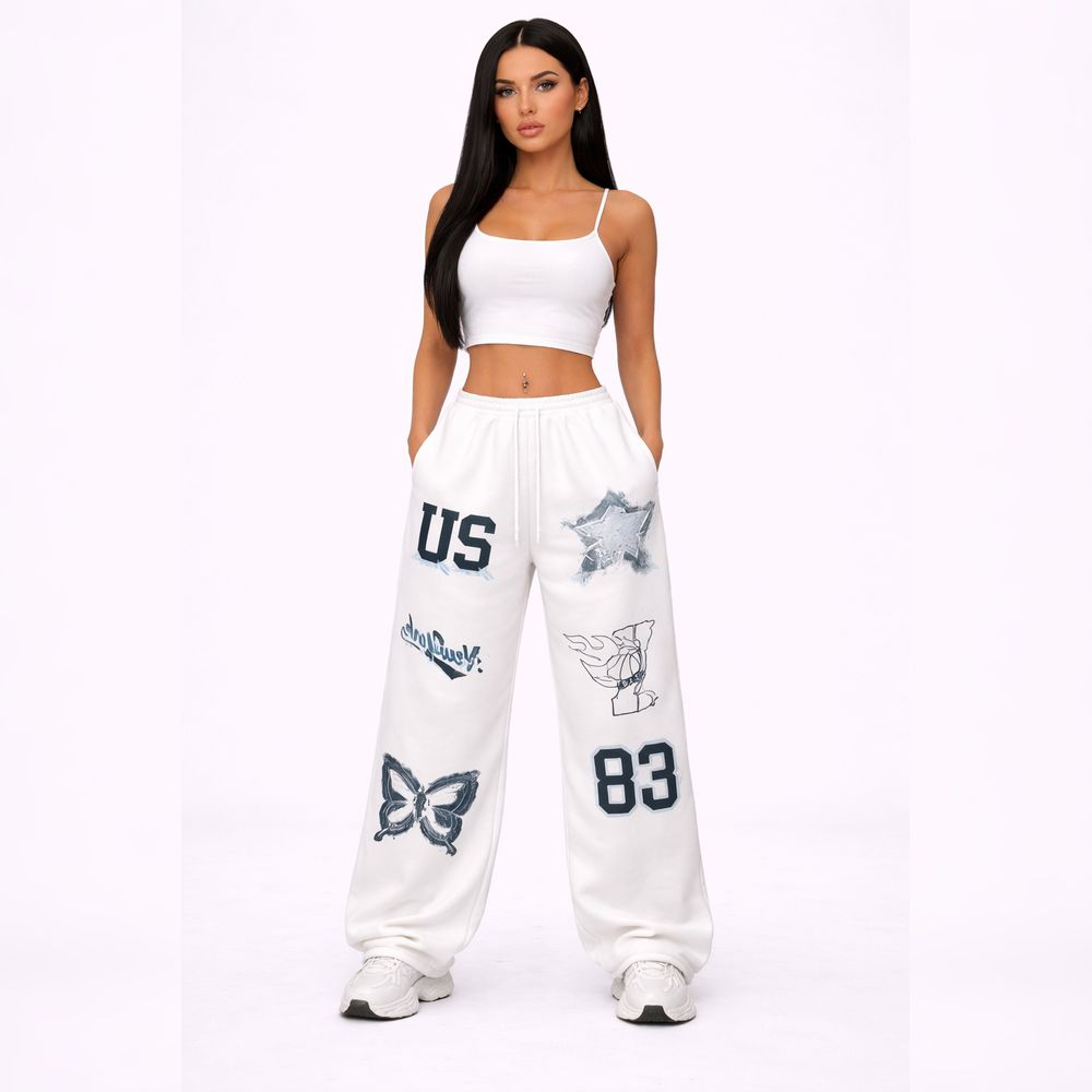 White Loose Fitting Graphic Sweatpants with Drawstring Waistband