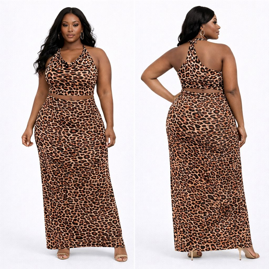 Quality Women Leopard Print Halter Maxi two piece set