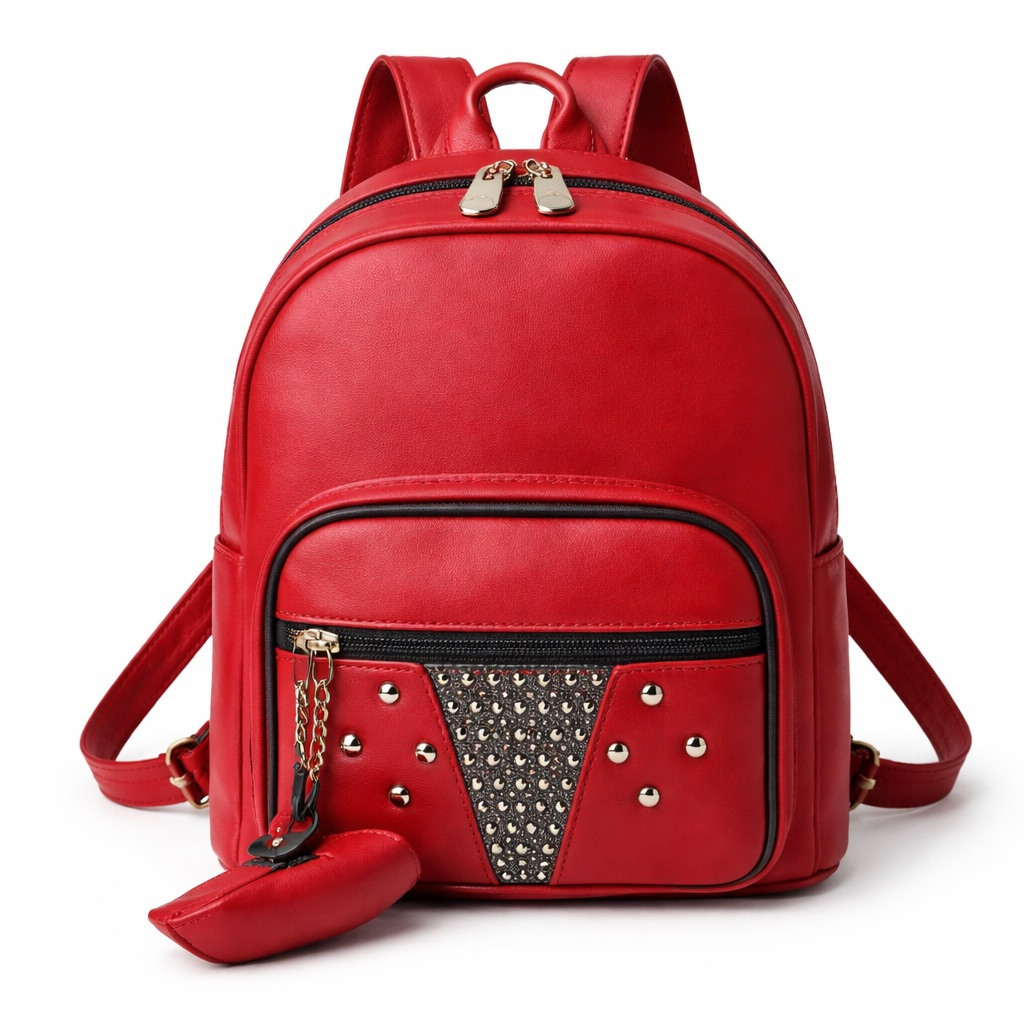Bold Red Mini Fashion  Backpack with Front  Pocket Detail