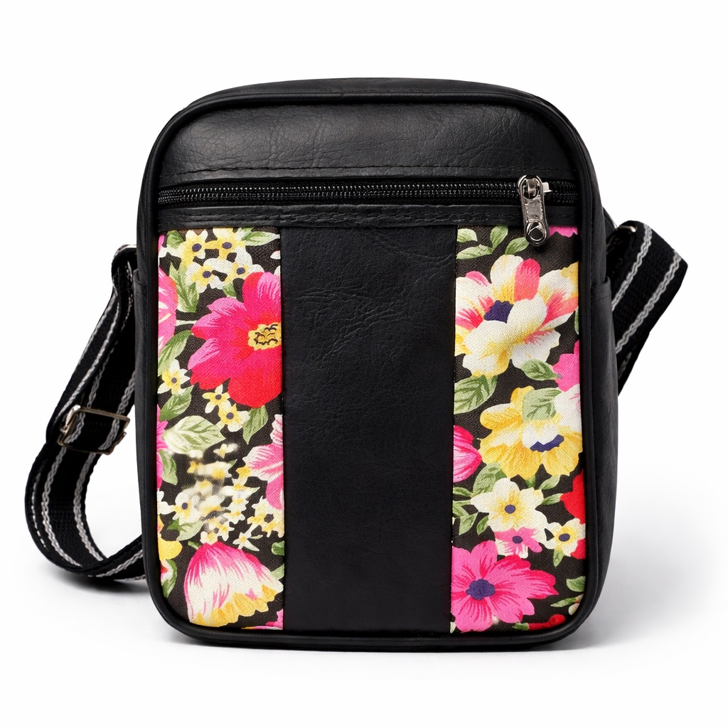 Trendy Black Multicolor Floral Panel Crossbody  Mini Bag