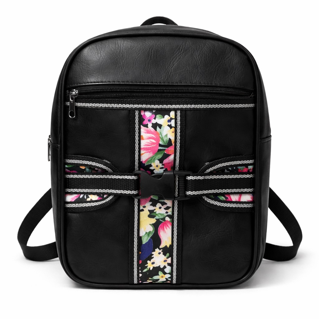 Sporty Black Leather Backpack  with Floral Accent Panel