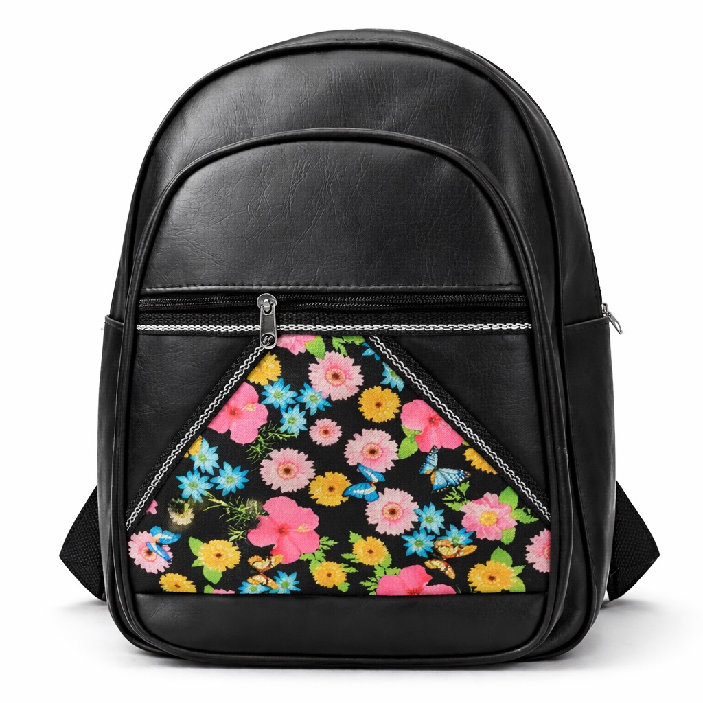 Stylish Black Leather Backpack with Colorful Floral Front Panel