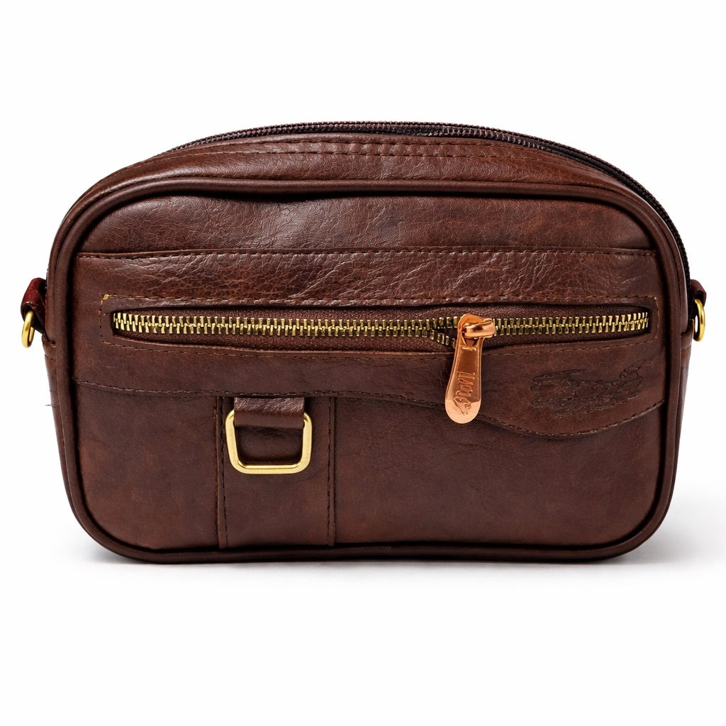 Classic Brown Leather portable crossbody Bag with Dual Zipper Compartments and Adjustable Strap