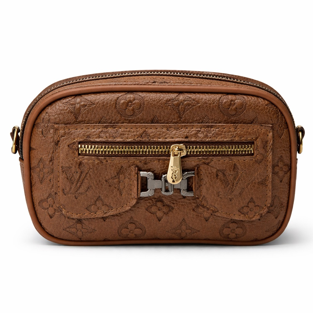 Premium Brown Monogram Embossed Leather Crossbody Mini Bag with Front Zipper Pocket and Compact Structured Design