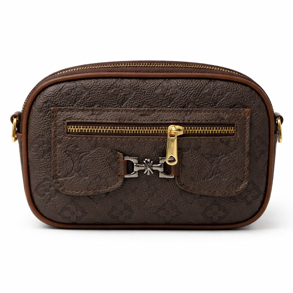 Premium Dark Brown Embossed Leather Clutch Pouch with Dual Zipper Compartments