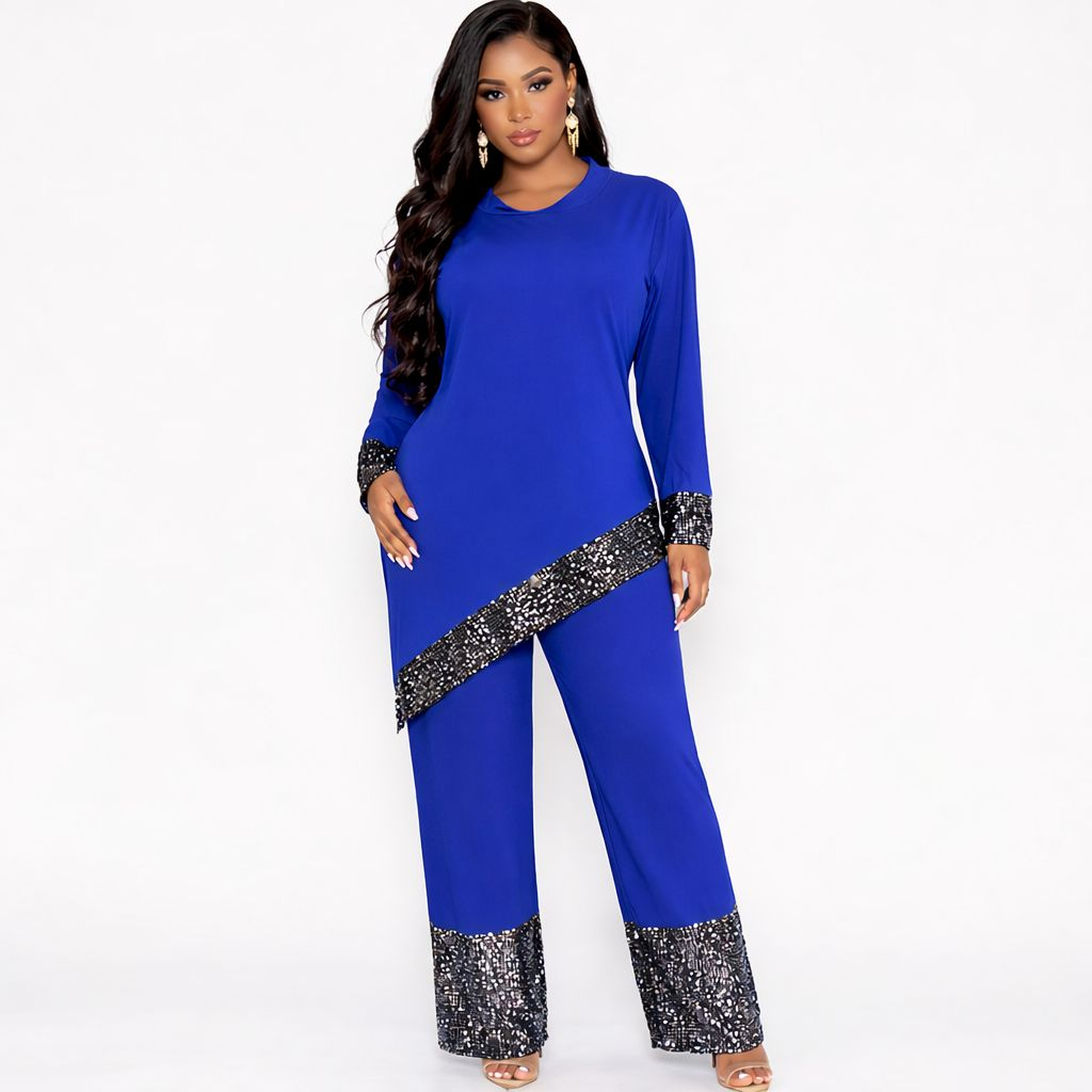 Womens Two Piece Long Sleeve Tunic and Pants Set with Sequin Trim