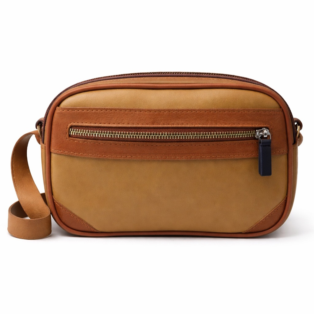 Classic Two Tone Leather Zip Crossbody Pouch Bag with Front Pocket and  Adjustable Strap