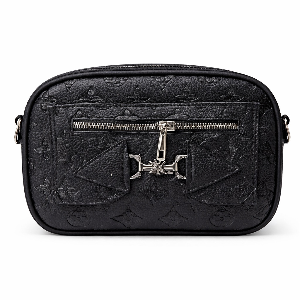 Premium Black Embossed Leather Crossbody Pouch Bag with Monogram Texture and Front Zip Pocket