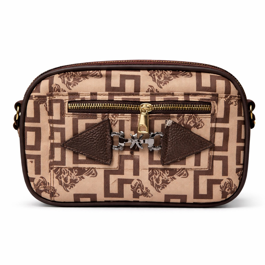 Luxury Brown Geometric Pattern Crossbody Pouch Bag with Front Zip Pocket  and Gold Tone Hardware