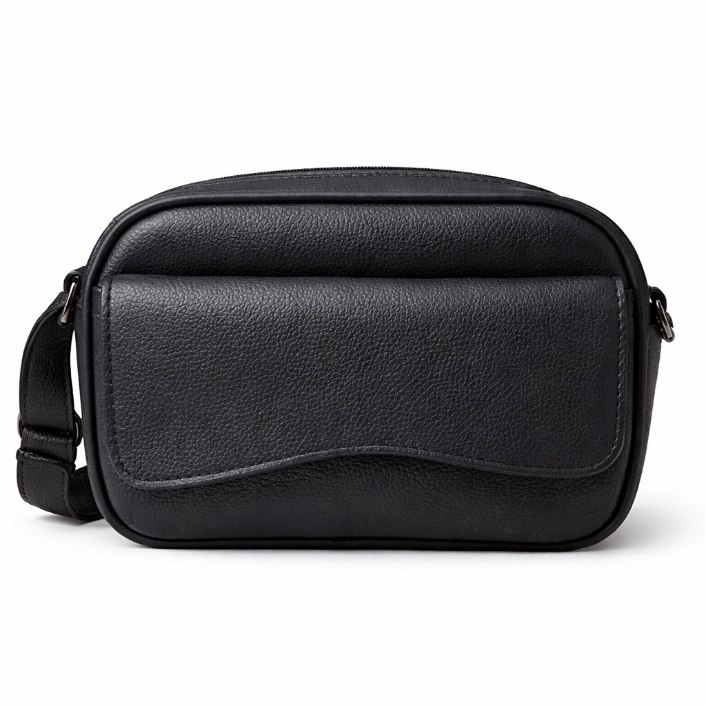 Premium Black Textured Leather Crossbody Pouch Bag with Flap Pocket