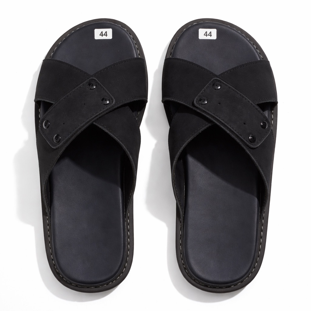 Premium Black Cross Strap  Leather Slide Slippers with Metallic Logo Accent and Cushioned Footbed