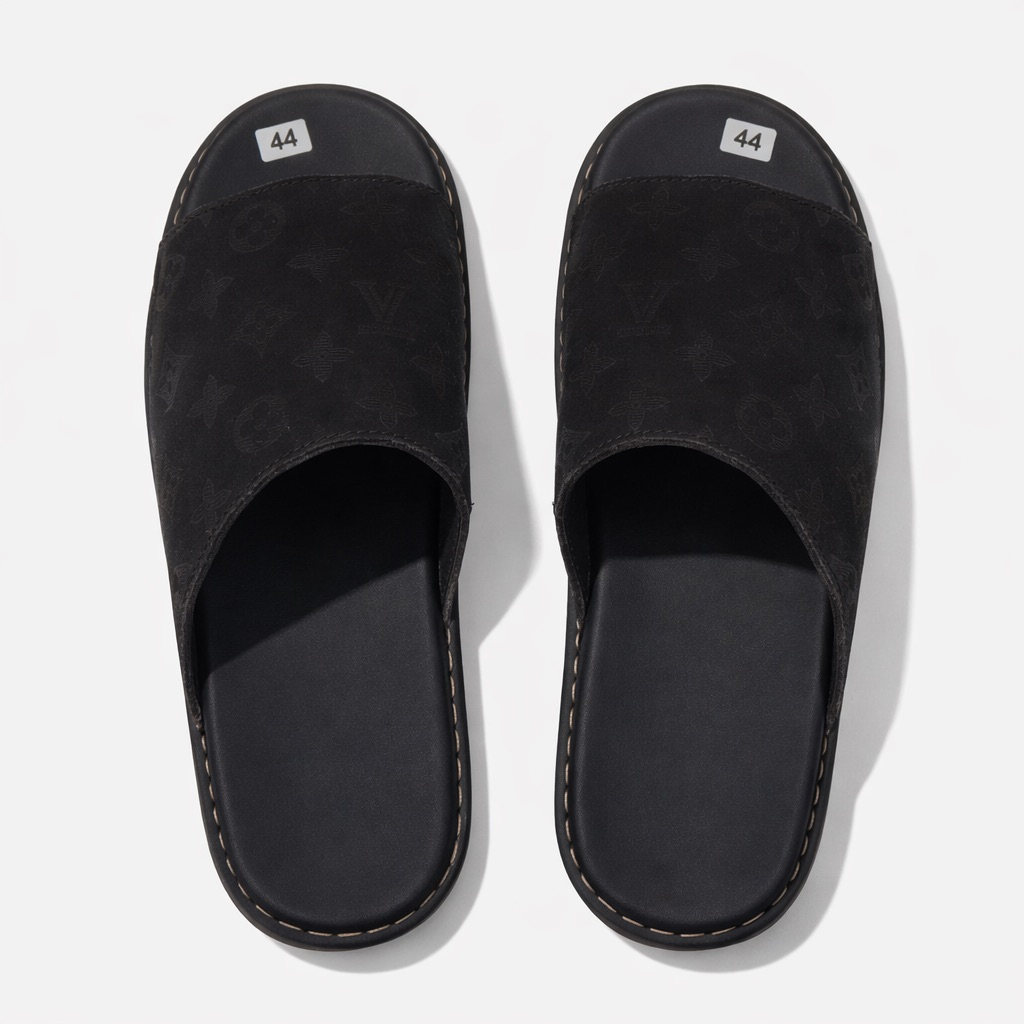 Premium Black Monogram Textured Leather Slide Slippers with Metallic Logo Accent