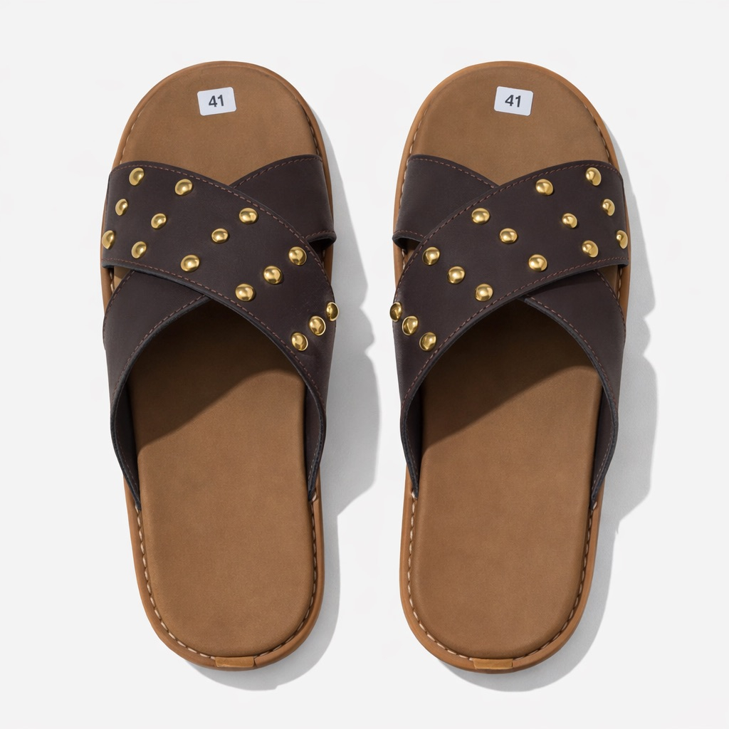 Stylish Dark Brown Cross Strap  Leather Slide Slippers with Gold Stud Detailing and Cushioned Sole
