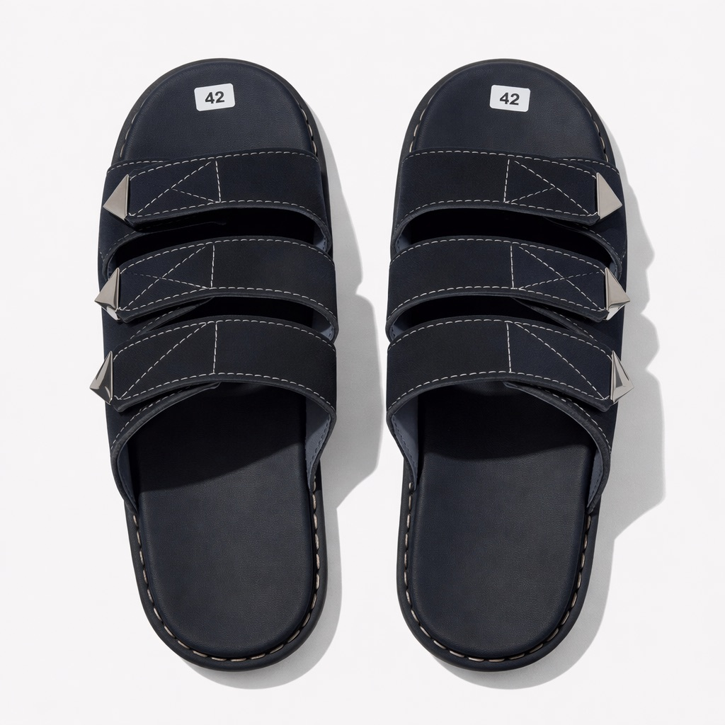 Premium Black Triple Strap Leather Slide Slippers with Adjustable Buckle Design