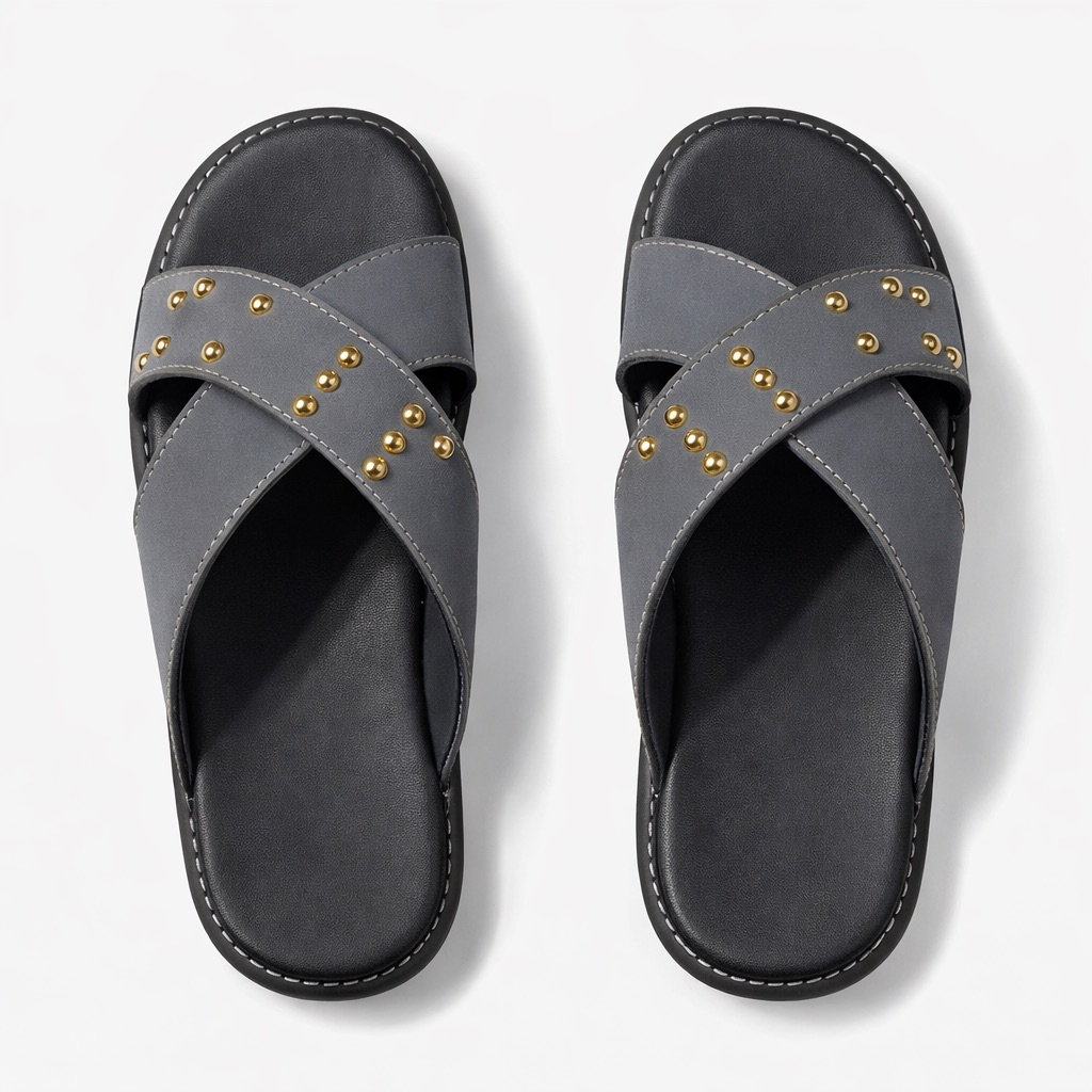 Stylish Grey Cross Strap Leather Slide Slippers with Gold Stud Detailing  and  Cushioned Sole