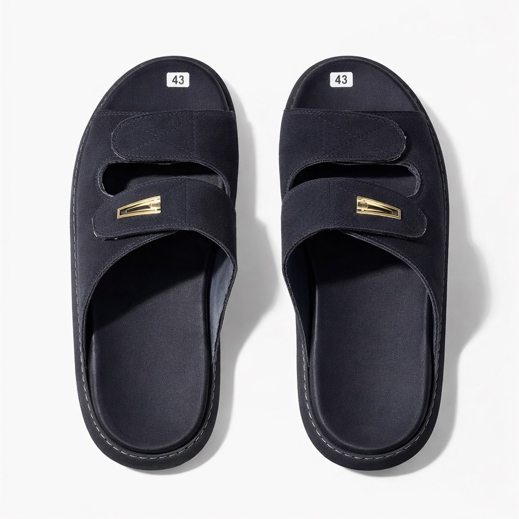Premium Black Double Strap Leather Slide Slippers with Adjustable Buckle  Detail