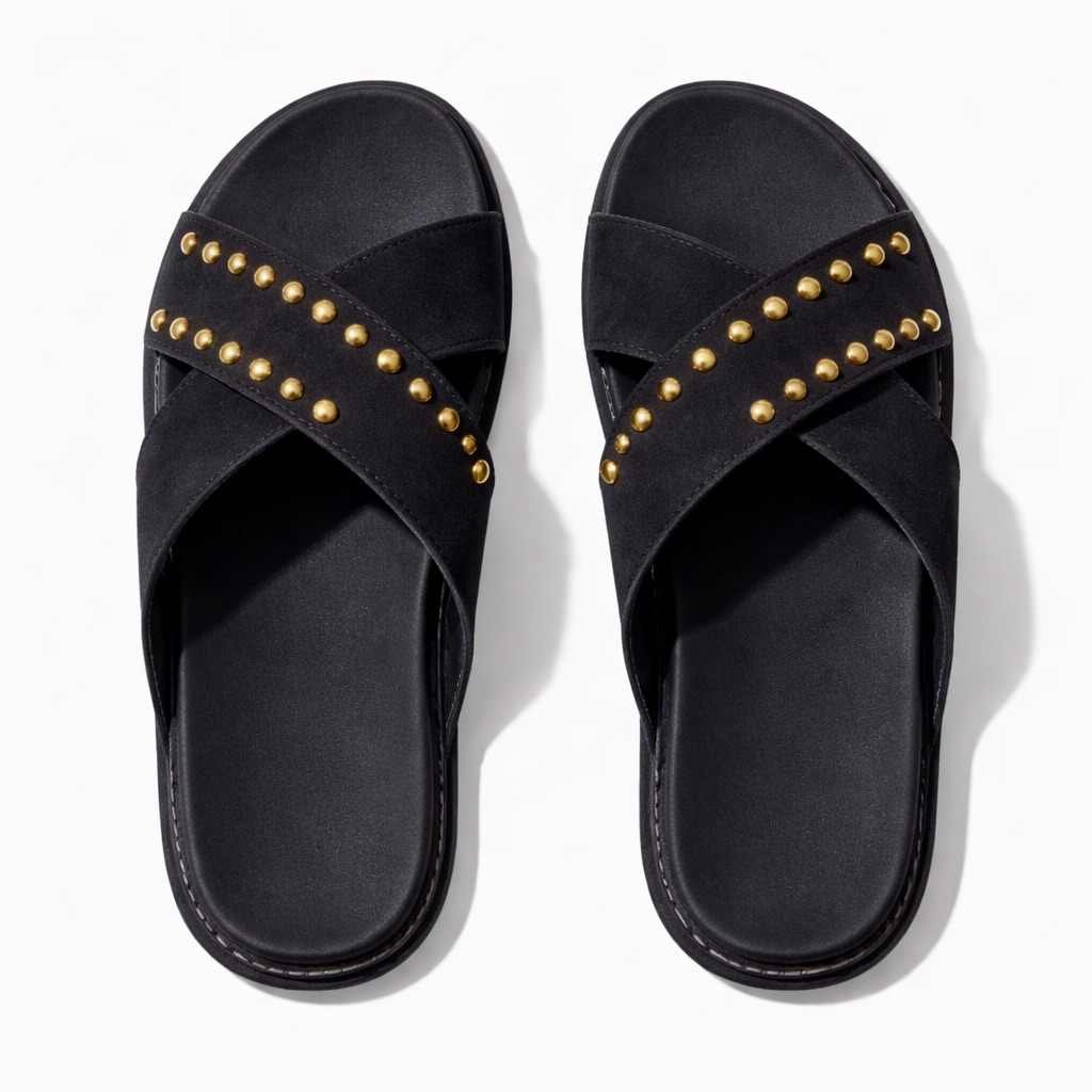 Stylish Black Cross Strap Leather Slide Slippers with Gold Stud Detailing