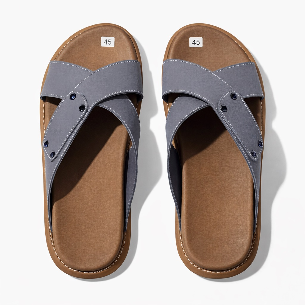 Premium Grey Cross Strap Leather Slide Slippers with Metallic Logo Accent