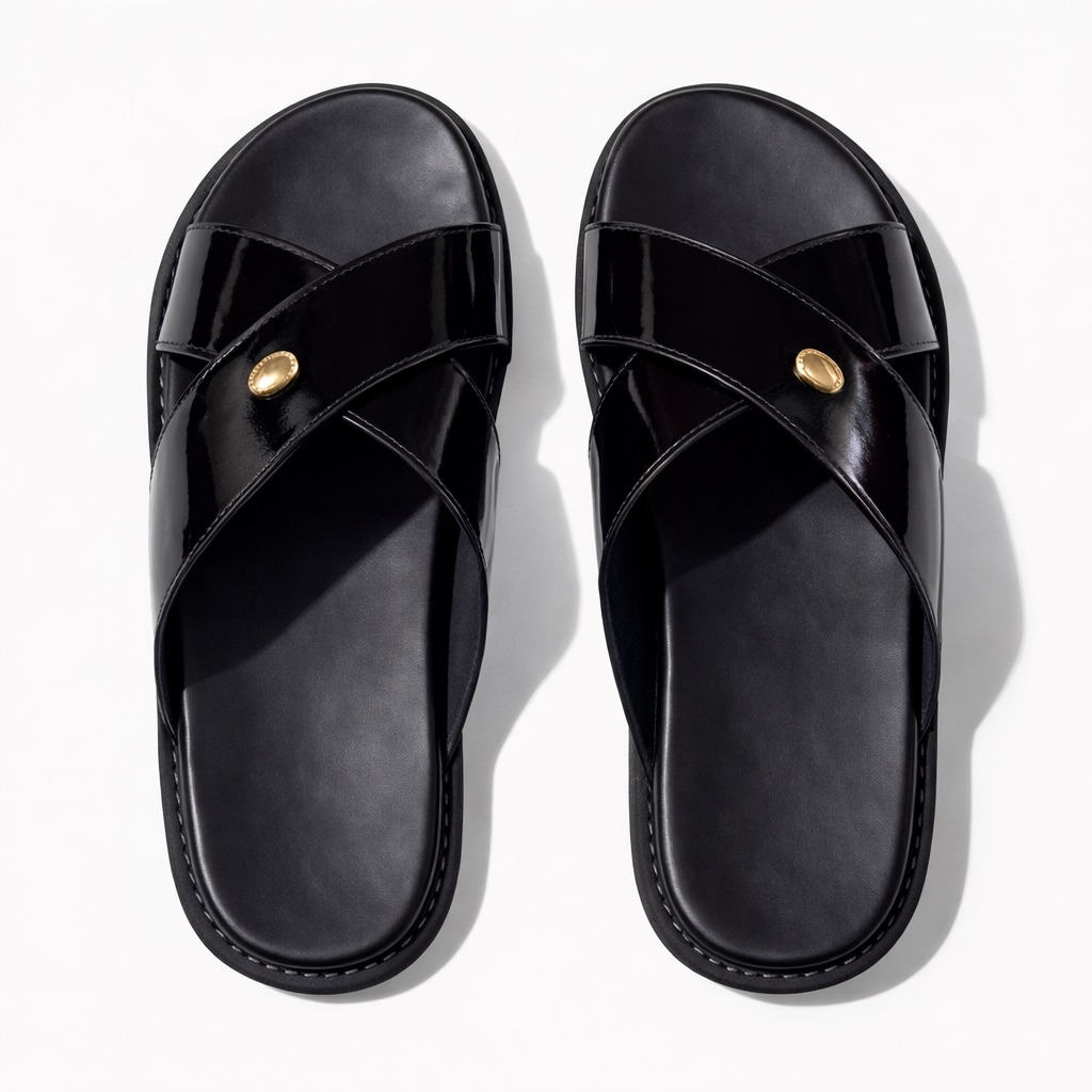 Elegant Black Glossy Cross Strap Slide Slippers with Metallic Button Accent