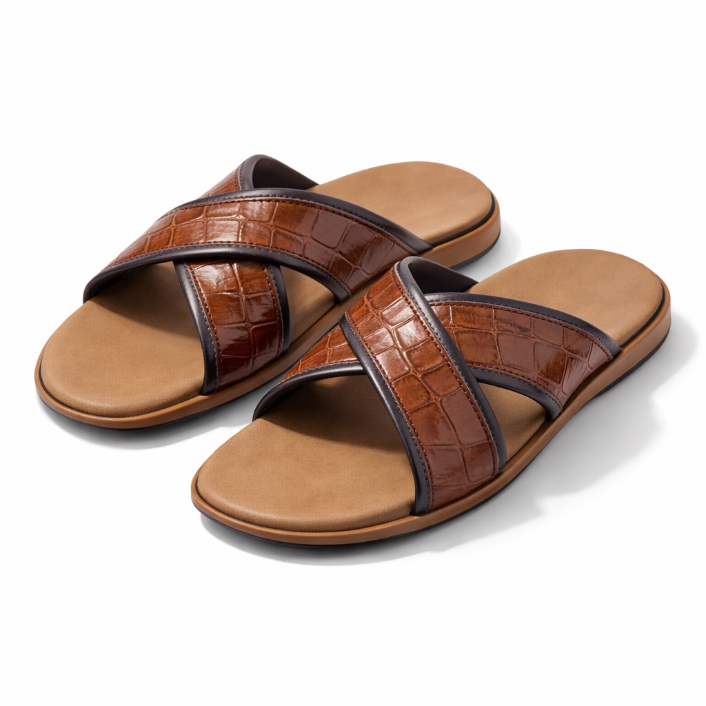 Premium Brown Croc Textured  Leather Cross Strap Slide Slippers