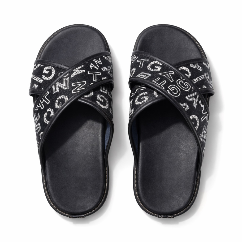 Premium Black Graphic Print Cross Strap Slide Slippers