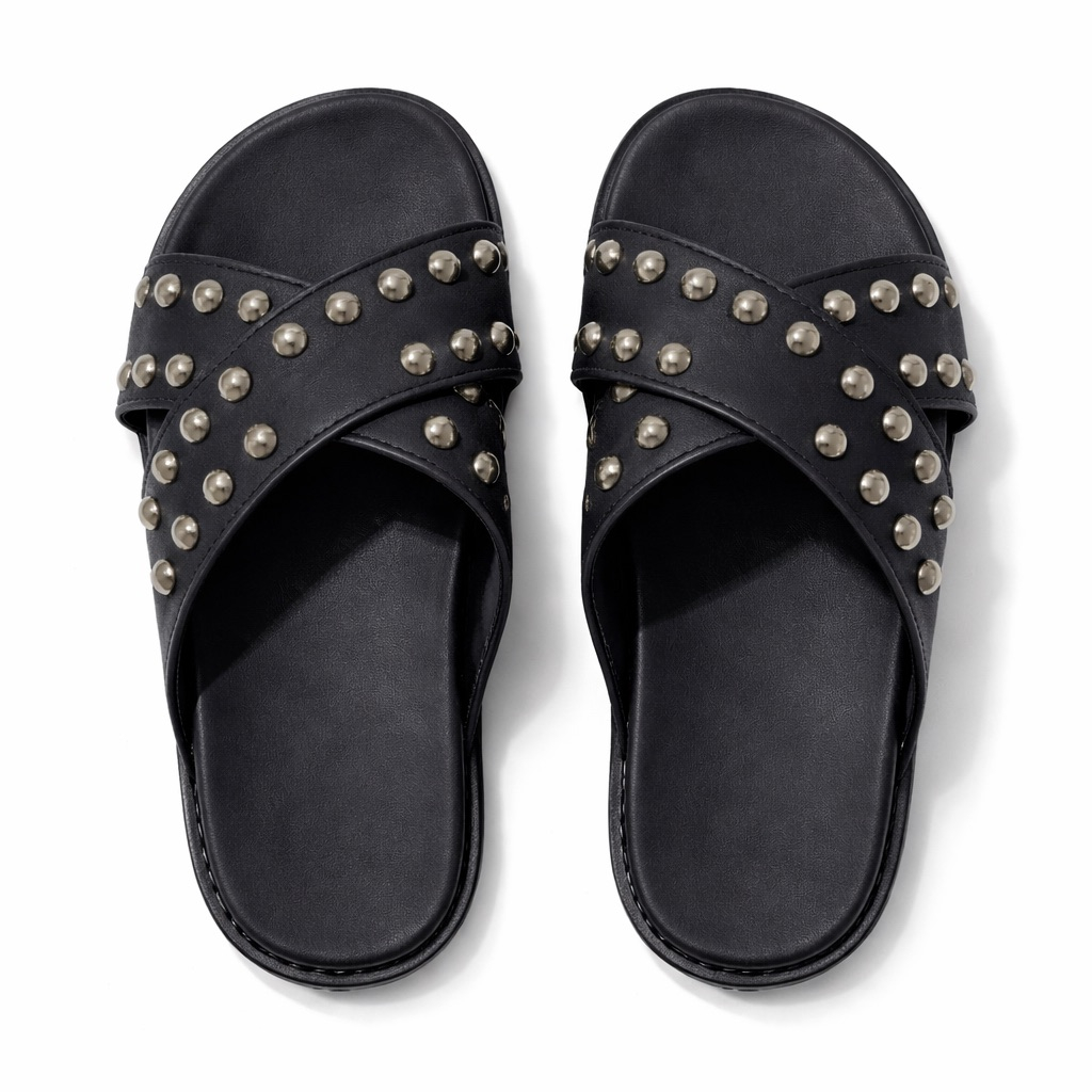 Premium Black Studded Leather Slide Slippers