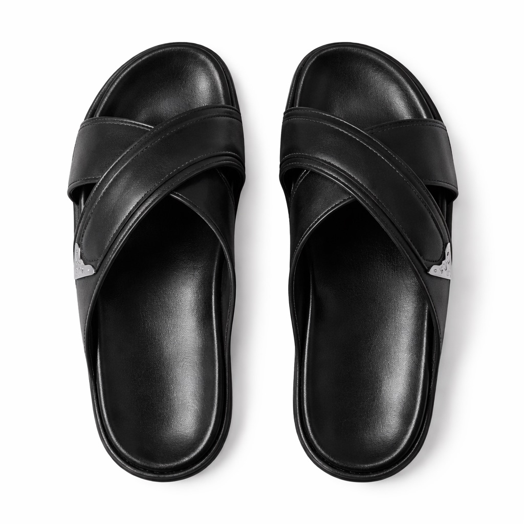 Premium Black Cross Strap Leather Slide Slippers  with Minimal Metal Accent
