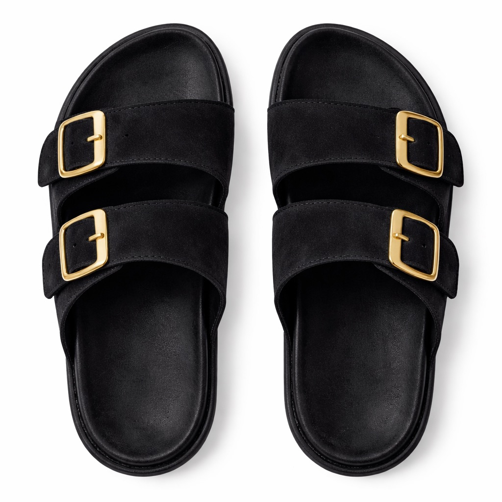 Black Double Buckle Slide Slippers  with Adjustable  Straps
