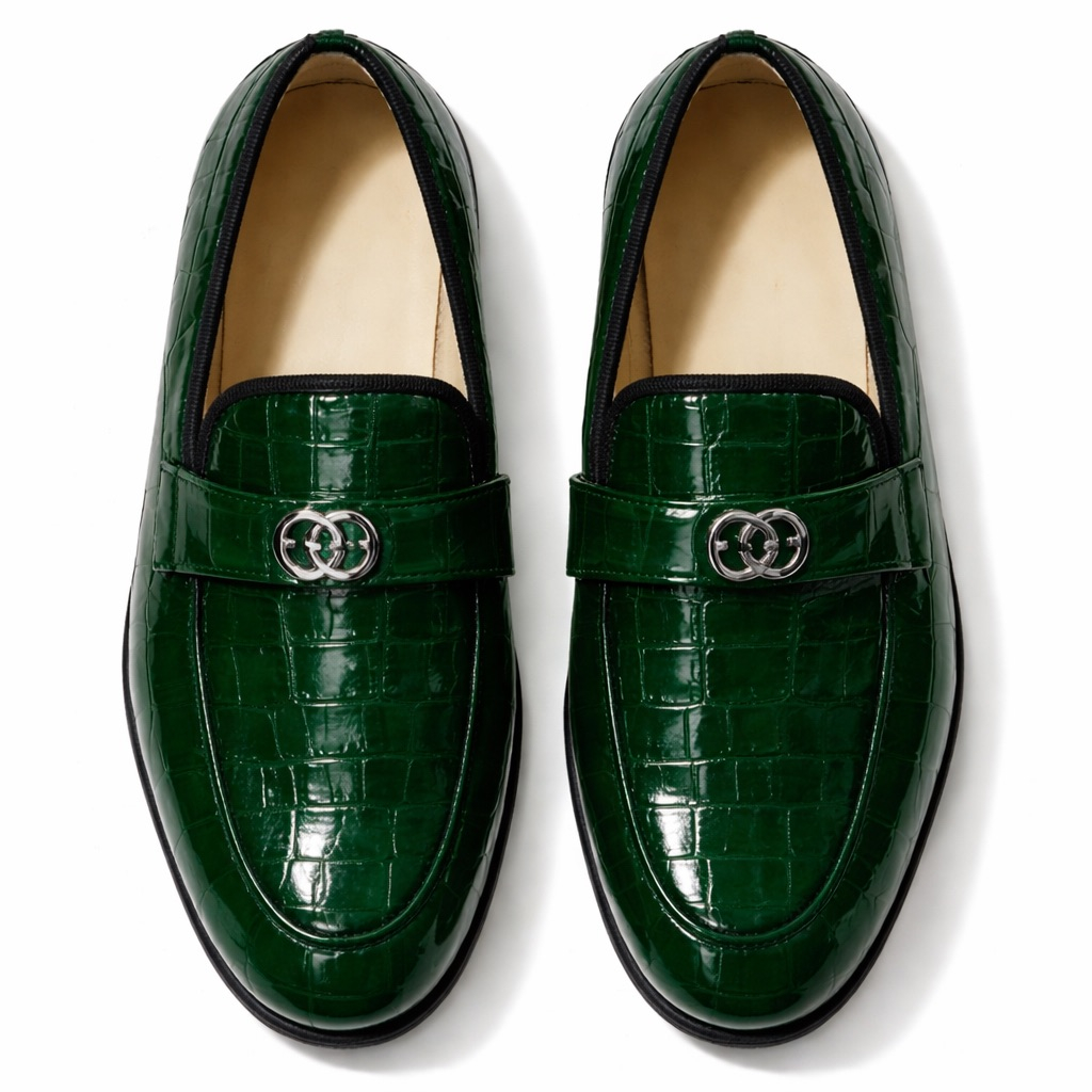 Green Croc Embossed Leather  Loafers  with Metal Logo Accent