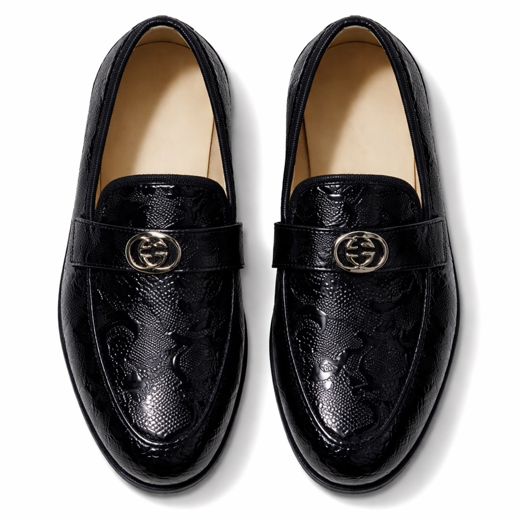Black Textured Leather Loafers with  Metal  Logo Accent