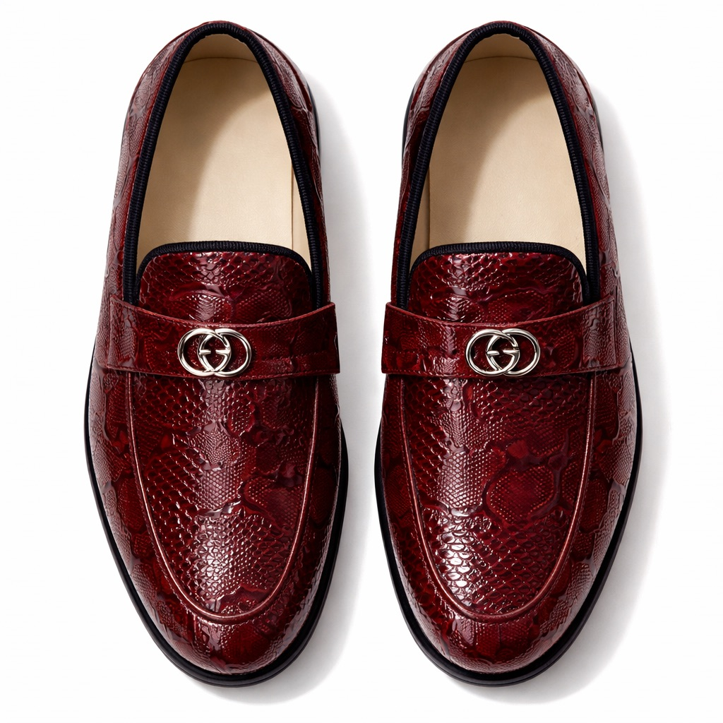 Wine Red Textured Leather Loafers with Metal Logo  Accent