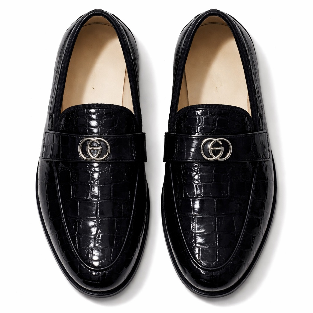 Black Croc Embossed Leather Loafers with  Metal Logo  Accent