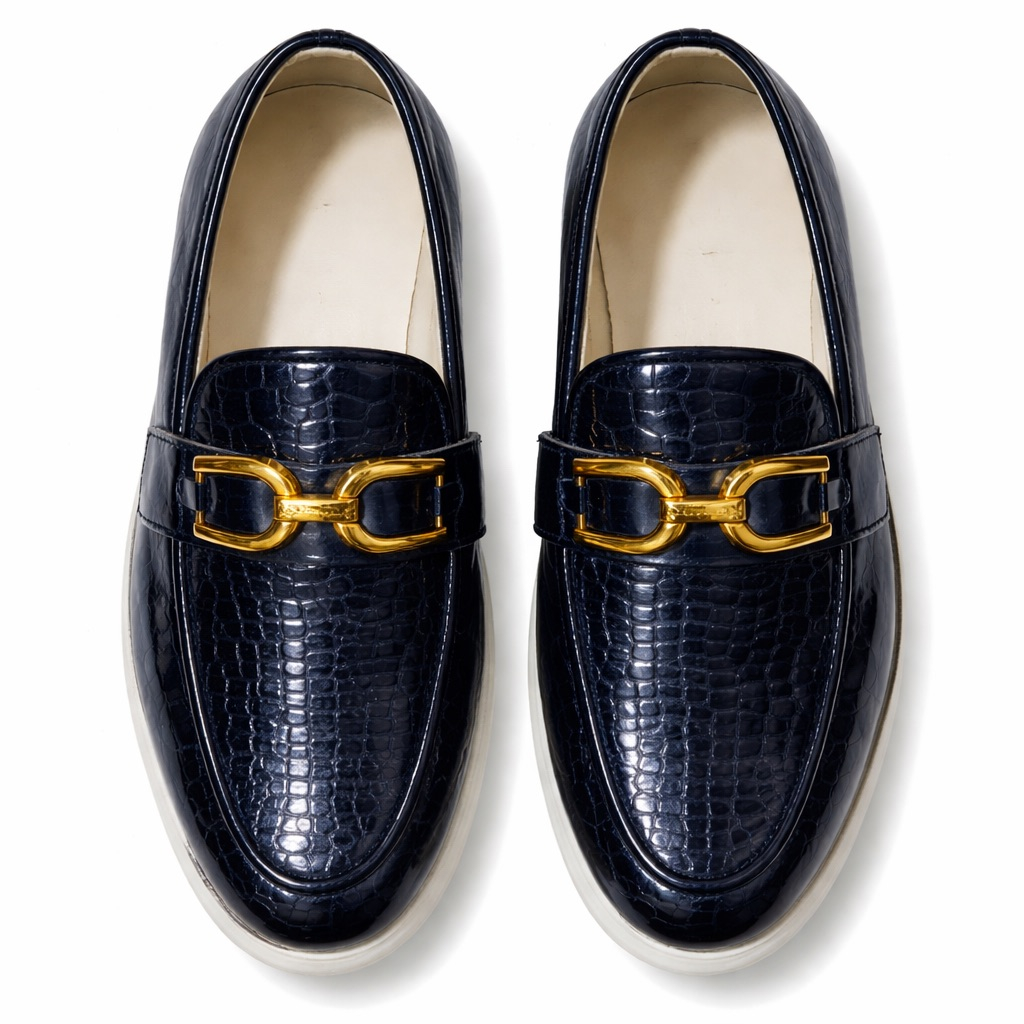 Black Croc Embossed Platform  Loafers with  Gold Horsebit Detail