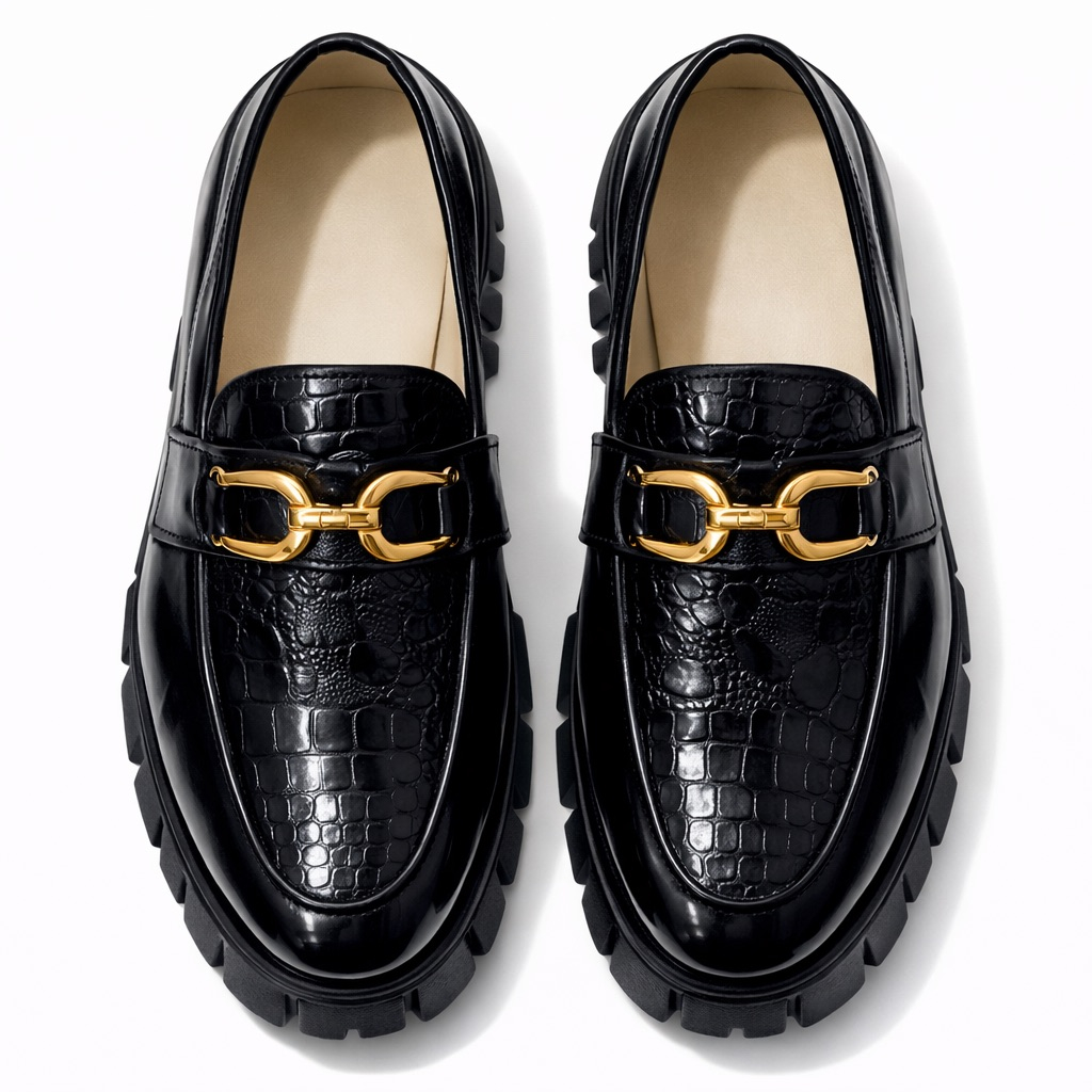 Black Textured Leather Lug Sole Loafers  with Gold  Horsebit Detail