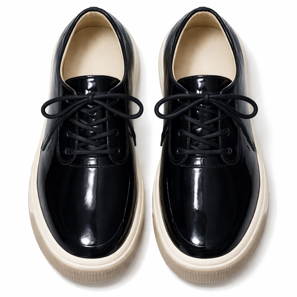 Black Patent Leather Lace Up Shoes with Chunky Rubber Sole