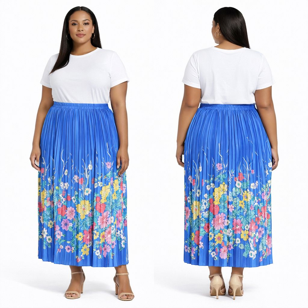 Womens Blue Floral Pleated Midi Skirt