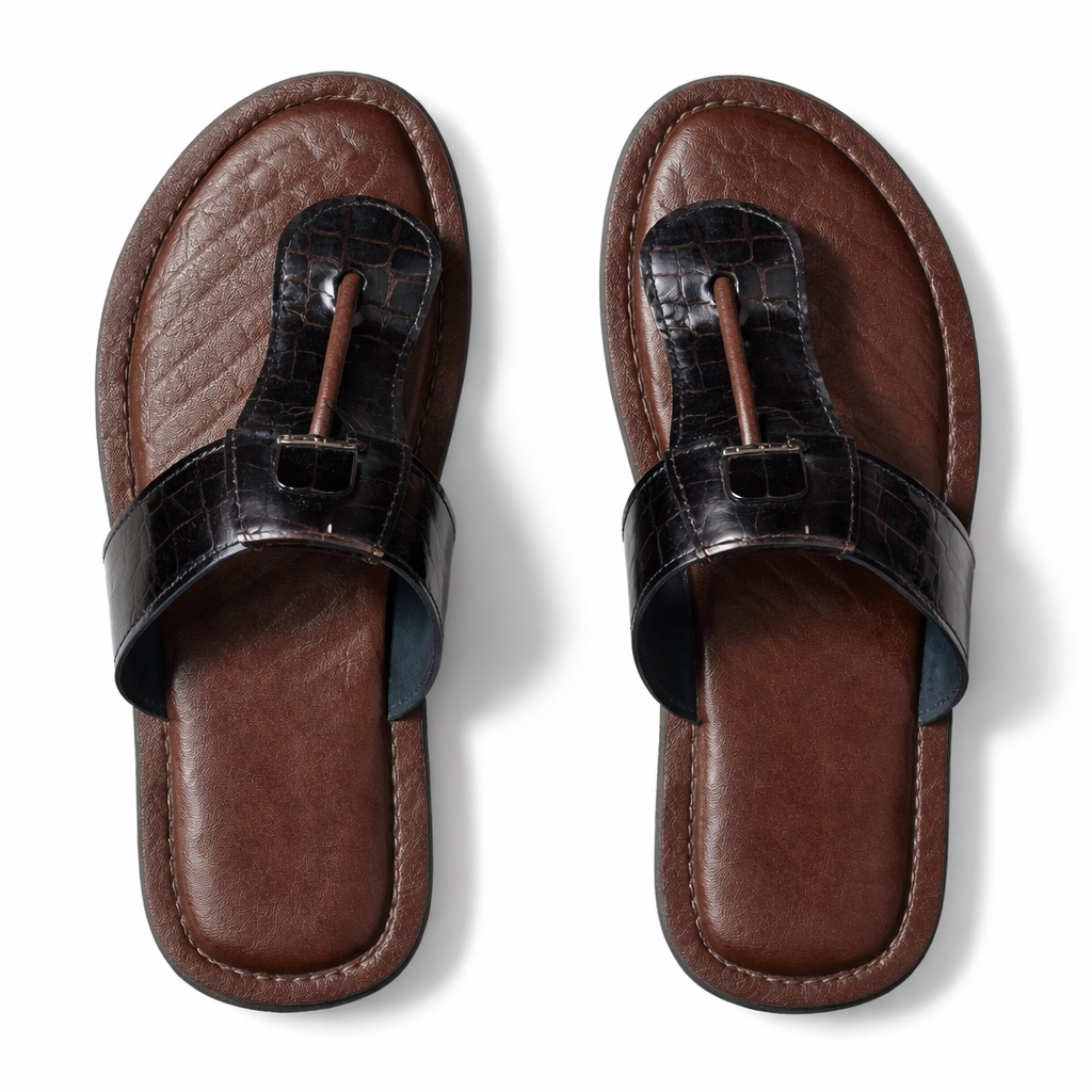 Croc Textured Leather Toe Post Sandals with  Front Buckle  Detail