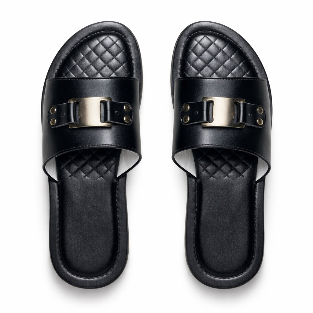 All Black Quilted Leather Slide Sandals  with Metal  Buckle Detail