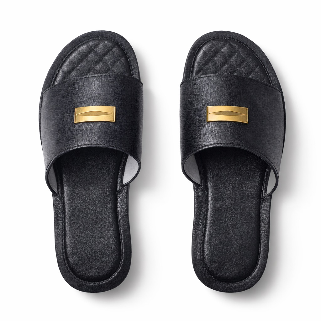 All Black Quilted Leather Slide Sandals with Gold Bar Detail