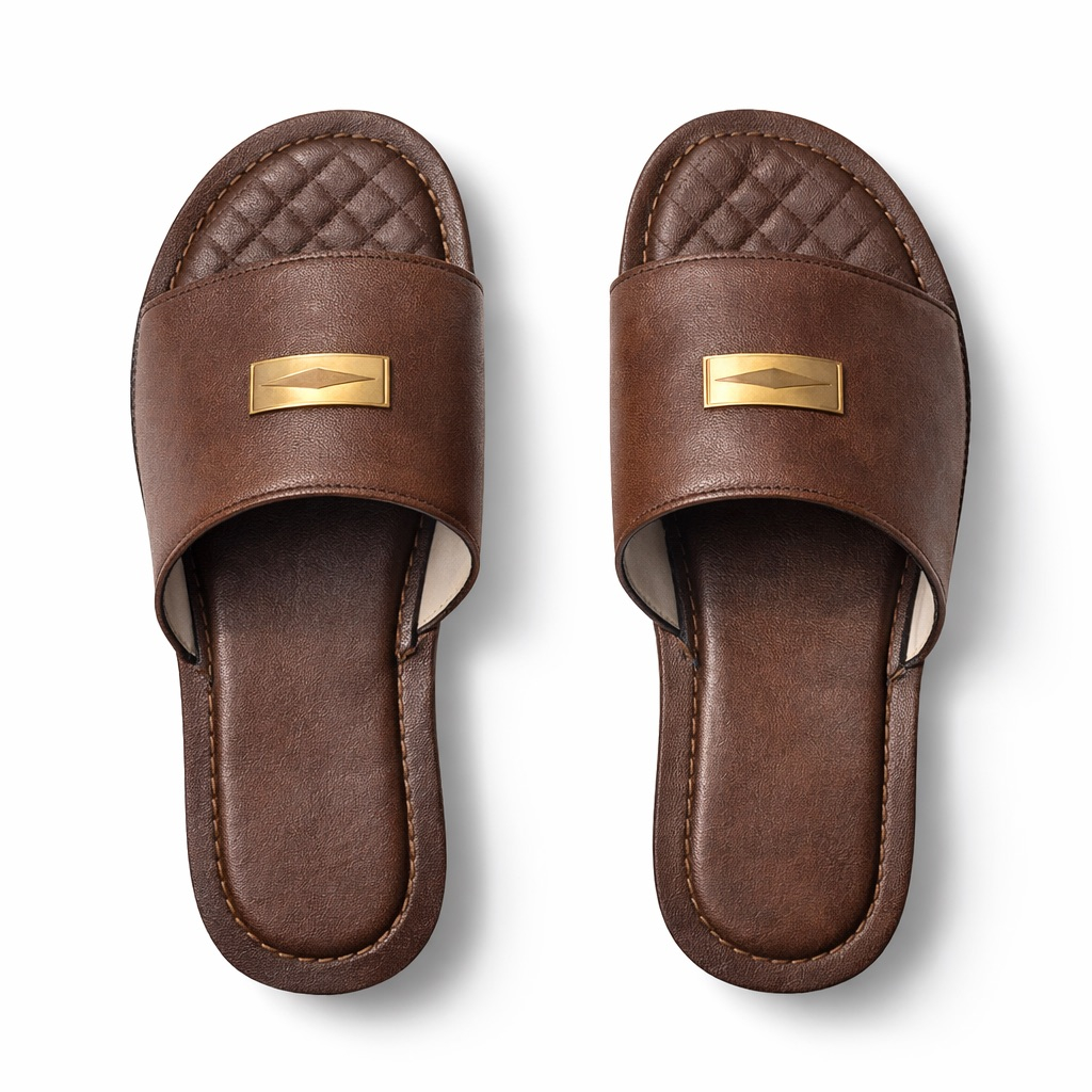 Brown Quilted Leather Slide Sandals with  Gold Bar Detail